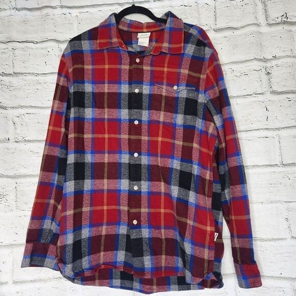 THE NORTH FACE Mens Button Down Plaid Blue Red Flannel Shirt Large Long Sleeve - Picture 1 of 12